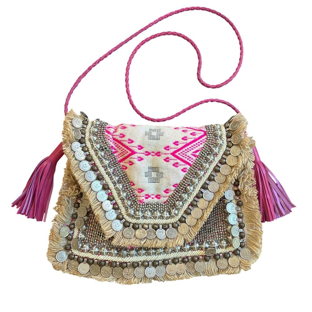SHASHI Leela bohemian Embroidery Fringe Embellished Coin Medium Clutch Purse